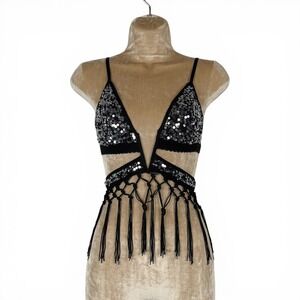 New XS Black Silver Sequin Macrame Fringe Festival Bralette Rave Top Plunging